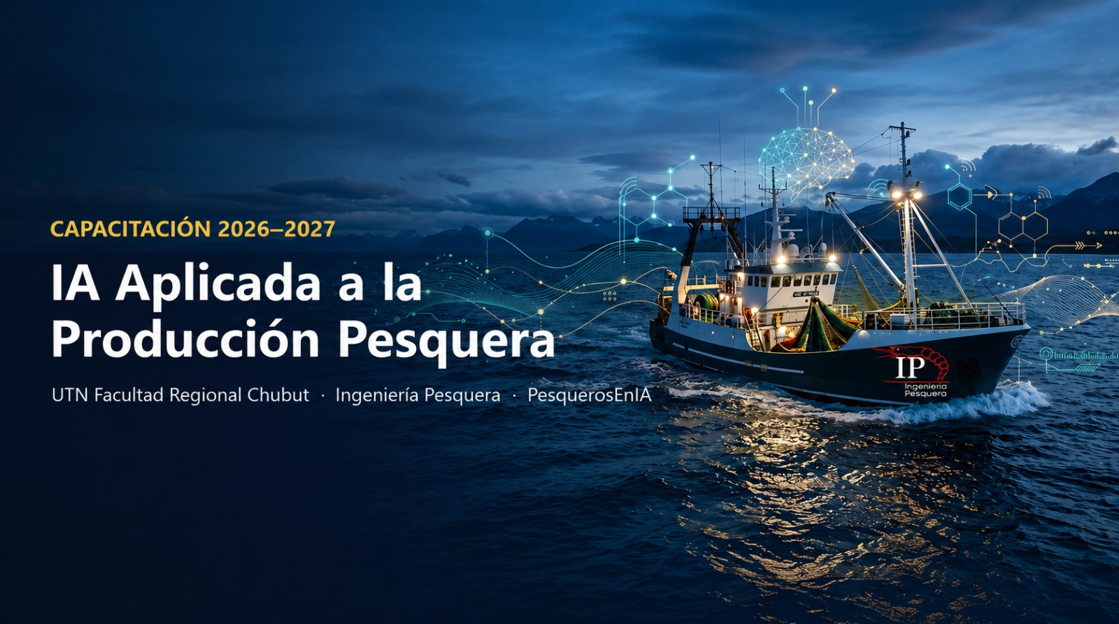 Buque pesquero navegando con visualizaciones de inteligencia artificial, capacitación IA aplicada a la producción pesquera